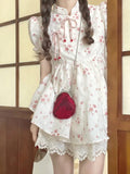 Znbbw Floral Kawaii Two Piece Set Women Japanese Sweet Elegant Skirt Suit Female Puff Sleeve Blouses £« Lace Lolita Cake Skirt