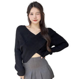 Znbbw Women's long sleeves Knitted Crossover design V-neck Women's sweater