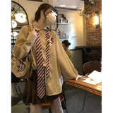 Znbbw Tie Striped Shirts Women Harajuku Brooch Oversized Long Sleeve Blouses Streetwear Korean Preppy Print Loose Casual Tops