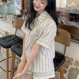 Znbbw Summer Women Striped Shirt Japanese Fashion Streetwear Short Sleeve Tops Y2K Casual Female All Match Shirt New