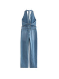 Znbbw TRAF 2023 Chic New Hanging Neck Denim Jumpsuit Backless Design Sense Stylish Female Elegant Jumpsuit Mujer