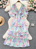 Znbbw Women Summer Dress New Style Gentle Style Short Sleeve V-neck Printed Waist Closing Cake Dress Sweet Fairy Vestidos D2548