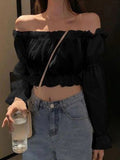 Znbbw Women Top Sexy Blouse Off Shoulder Top Long Sleeve Solid Color White Shirt Puff Sleeve Ruffle Tunic Crop Top Summer Tube Top