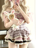 Znbbw Lolita Kawaii Two Piece Set Women Summer Korean Cute Mini Skirt Suit Female Sweet Heart-shaped Blouse£«Plaid Cake Skirt 2024