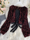Znbbw WomenSpring Auttumn Blouse New All-match Sequins O-Neck Shirts Long-sleeved Open Back Lace-up Bow Short Tops Female Blusa GX1082