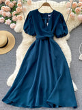 Znbbw Summer Was Thin Fashion Vestidos Female V-neck Twisted Bandage Waist French Puff Sleeve Midi Dress DK1048