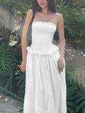 Znbbw Women Summer Off Shoulder Ruched Bust Ruffle Trim Tube Top Dress  Ruched Frills Strapless Sleeveless Party Long Dress
