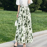 Znbbw Chiffon Skirts Ink Painting Print Spring Summer Floral Long Skirt Elegant Chic A-Line Full Length Skirt Ankle Beach Skirts