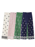 Znbbw TRAF Women Vintage Patchwork Embroidery Casual Linen Wide Leg Pants Chic High Waist Zipper Ankle Length Trousers