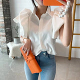 Znbbw Chiffon Shirts Women Y2K Summer Fashion Splicing Puff Sleeve Buttons Tops Female Korean Elegant All Match Blouse New