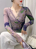 Znbbw Wrinkled Cross V-Neck T-shirt Women Fashion Long Sleeve Mesh Printing Slim Fit High Stretch Tees Tops FF0890