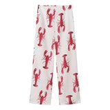 Znbbw Cartoon Lobster Women Pants Sets Lace Up Short Puff Sleeve Shirts Wide Leg Trousers 2024 Summer Casual Lady 2 Pieces Suit