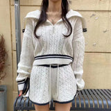 Znbbw Women Twist Knit 2 Piece Set Korean Fashion Zipper Loose Long Sleeve Tops Casual All Match Female High Waist Shorts Sets