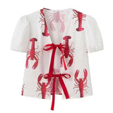 Znbbw Cartoon Lobster Women Pants Sets Lace Up Short Puff Sleeve Shirts Wide Leg Trousers 2024 Summer Casual Lady 2 Pieces Suit