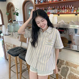 Znbbw Summer Women Striped Shirt Japanese Fashion Streetwear Short Sleeve Tops Y2K Casual Female All Match Shirt New