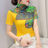 Znbbw Spring Print Tees Women Turtleneck Soft Short Sleeve T Shirts Lady Mesh Elegant Stretchy Tops Tees Female T-Shirt