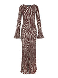 Znbbw Women Spring Autumn Maxi Dresses Zebra/Floral Print Long Flared Sleeve Round Neck Slim 2000s Aesthetic Long Dress Streetwear