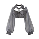 znbbw Turn Down Collar Open Mesh Panel Halter-Neck Cropped Blouse Off-the-shoulder see-through Mesh Top Sun Protection Clothing