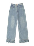 znbbw Ruffled Straight Jeans Women's Korean Baggy Loose High Waist Wdie Leg Washed Flare Denim Pants Mopping Trousers Female Y2K