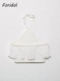 Znbbw Women Yellow Lace Halter Sexy Top Knitted Elastic Ruffles Hollow Out White Crop Top Summer Autumn Cotton Camis 2024