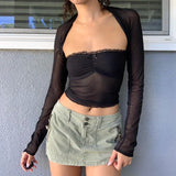 Znbbw Women Y2K Clothes Sexy Pleated Ruched Crop Top Long Sleeve Mesh Bolero Set Slim Fit Vintage Harajuku Tees 2000s Streetwear