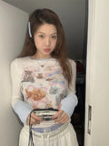 Znbbw Y2k T Shirts Long Sleeve Contrast Color Cartoon Print Aesthetics Crop Tops Spring Female Slim Gyaru 2000s Girl Clothing