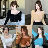 Znbbw Version Solid Color Square Neck Sweater Slim Fitting Fashion Exposed Navel Long Sleeved Cardigan Sweater