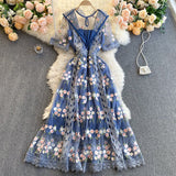 Znbbw Summer Runway Flower Embroidery Dress Women's Flare Sleeve Stand Floral Blue Hollow out Embroidered Long Mesh Dresses