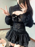 Znbbw Sexy 3 Piece Set Women Fashion Lace Design New Y2K Suit Female Long Sleeve Coat + Black Strapless +pleated Skirt Spring