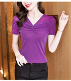 Znbbw Shinning Mesh T Shirts Women's Short Sleeve Beading V Neck Tees Buttons Folds Slim Tshirt For Female