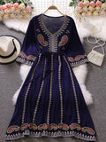 Znbbw Spring Summer Women Dress Seaside Vacation Beach Bohemian Loose Ethnic Style Temperament Embroidered V-Neck Dress GD795