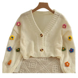 Znbbw New Autumn Colourful Applique Flower Cardigan for Women Cute Long V-neck Knit Crop Sweater Girl Soft Knitwear