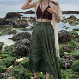Znbbw Women Skirts Retro Print High Waist Lace-Up Loose Long Midi Skirts Vacation Ladies Harajuku Gothic Grunge Fairycore Streetwear