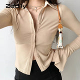 znbbw Street Style Long Sleeve Slim Women Short Shirt Sexy Elasticity Solid Button Ladies Blouse 2023 Summer Female Crop Tops