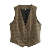 Znbbw Sleeveless Single Button Houndstooth Vintage Vest for Women Autumn Spring Short V Neck Pockets Vest Waistcoat 2024