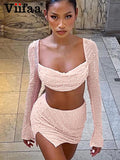 Znbbw Beaded Dress Set Women Long Sleeve Crop T-Shirt and Mini Skirt Two Piece Set Sexy Club Outfits Birthday Clothes