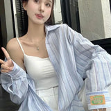 Znbbw Striped Print Shirts Women Loose Korean Long Sleeve Casual Button Top Y2K Female Summer Baggy All-Match Lapel Streetwear