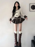 Znbbw Harajuku Gyaru Matching Sets Striped Long Sleeve Crop Tops High Waist Pleated Mini Skirts Autumn Design Women's Clothing