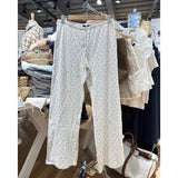 Znbbw Bear Print Eyelet Casual Long Pants Women Clothes Cotton Elastic Waist Home Trousers Vintage Cute Autumn Straight Pants