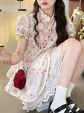 Znbbw Floral Kawaii Two Piece Set Women Japanese Sweet Elegant Skirt Suit Female Puff Sleeve Blouses £« Lace Lolita Cake Skirt