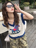 Znbbw Sweet Knitwears Vest Contrast Color Cartoon Embroidery Sweater Hollow Out V Neck Sleeveless Crop Tops Summer Thin Jumpers