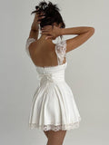 Znbbw Elegant White Lace Strap Mini Dress For Women Fashion Sleeveless Backless Loose Sexy Short Dresses Vestido Clubwear