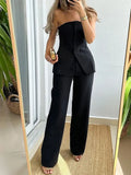Znbbw Women's 2-piece Pants Set 2024 Spring Solid Single Breasted Split Tops High Waist Wide Leg Trousers Female Pants Sets