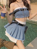 Znbbw Gyaru Matching Sets Tube Top Crop Tops High Waist Belt Pleated Patchwork Skirts Y2k 2000s Female Slim Two Piece Set
