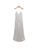 Znbbw TRAF Summer V-neck Satin Spaghetti Strap Dress Women Backless Sexy Sleeveless Bodycon Party Dress Female Dresses