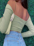 Znbbw V-neck Long Sleeve Crop Tops Spring Fall Casual Fashion Women Square Collar Slim Ribbed T-Shirts Backless Tee