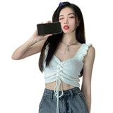 Znbbw Women's Korean V-neck Tank Top Drawstring Slim Fit Sexy Open Umbilical Knitted Strap Tank Top