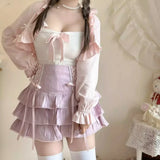 Znbbw Kawaii Lolita Style Pleated Skirts Women High Waist Pink Bandage Fairy Y2k Aesthetic Skirt Cute Faldas Mujer Moda 2024