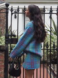 Znbbw Contrast Plaid Chic Two Piece Set Women's O-neck Long Sleeve Coat Skirt Suit 2023 Autumn/Winter Female Warm Outfits