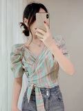 Znbbw Vintage Blouses V Neck Puff Sleeve Bandage Pleated Plaid Shirts Summer Female Slim Crop Top Chic All Match Women Clothes